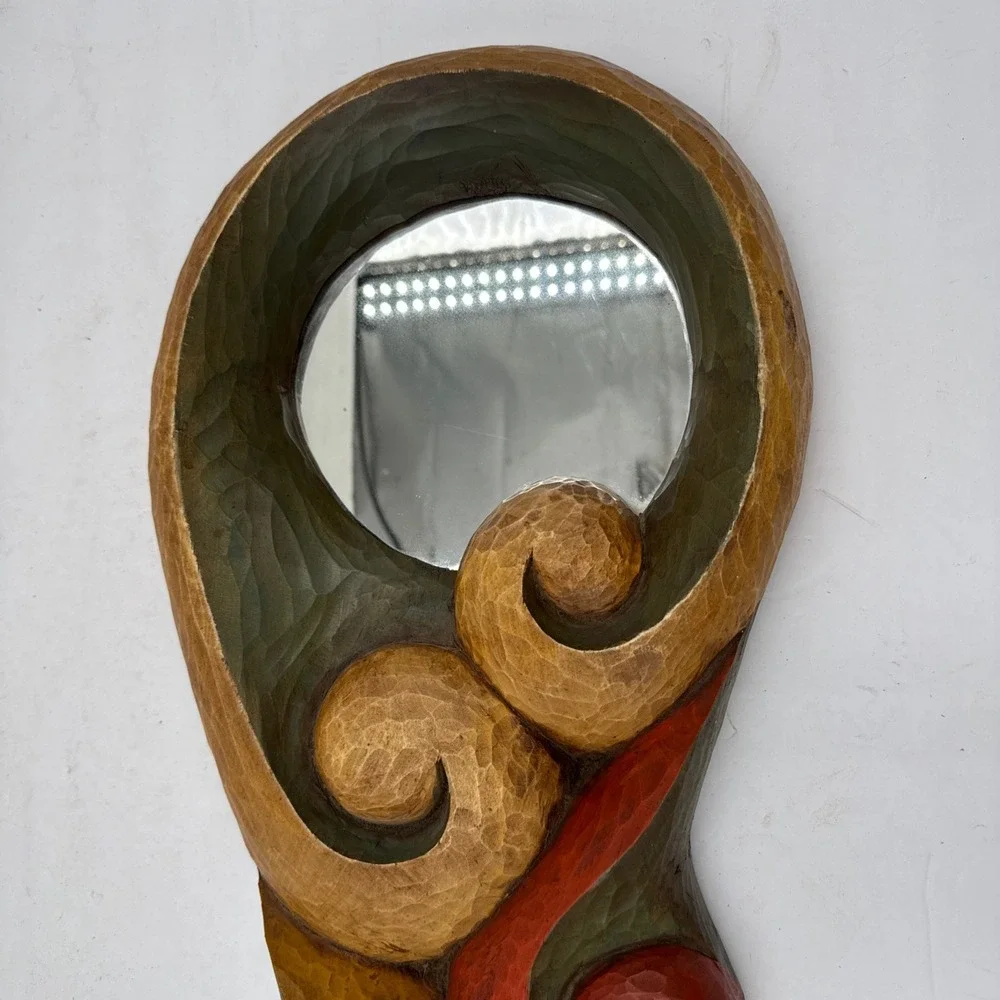 Vintage Hand Carved Wood Mirror 1970s Handmade Wall Decor Signed